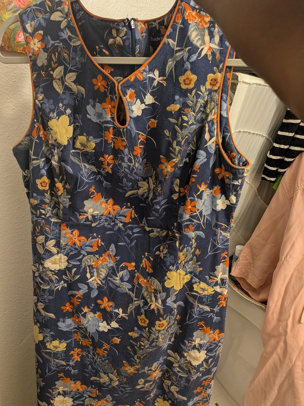 Sleeveless Navy Floral Sheath Dress with Orange Trim